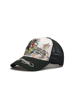 Schwarz-weiße Cap mit Mesh-Rückseite, bunter Tattoo-Style Adler-Grafik und Text "Don Ed Hardy designs" auf der Vorderseite sowie weißer Schriftzug auf schwarzem Schirm.