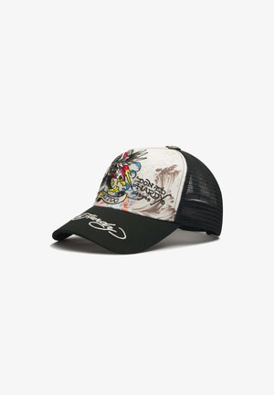 Schwarz-weiße Cap mit Mesh-Rückseite, bunter Tattoo-Style Adler-Grafik und Text "Don Ed Hardy designs" auf der Vorderseite sowie weißer Schriftzug auf schwarzem Schirm.