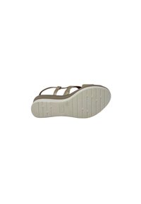 Sandalo con zeppa beige caratterizzato da cinturini incrociati e una suola bianca testurizzata. Il design presenta una finitura liscia e dettagli di branding minimi.