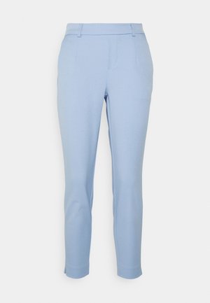 Light blue fitted trousers made of a smooth fabric, featuring a flat front, belt loops, and side pockets with a slightly tapered leg.