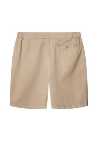 Pantaloni corti in cotone beige con vita elastica, tasca posteriore con chiusura a bottone e una texture liscia. Il design presenta dettagli di cucitura minimi.