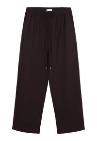 Schwarze, weit geschnittene Hosen aus weichem Material. Mit einem elastischen Bund und verstellbaren Kordeln sowie seitlichen Taschen. Glatte Textur, keine sichtbaren Muster.