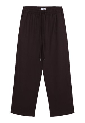 Pantalons noirs à jambes larges en matériau doux. Dotés d'une taille élastique avec cordons de serrage et de poches latérales. Texture lisse, sans motifs visibles.