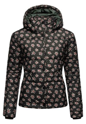 Doudoune noire avec un motif floral comprenant de petites fleurs blanches et roses, une capuche et une fermeture à boutons. Design texturé et matelassé.