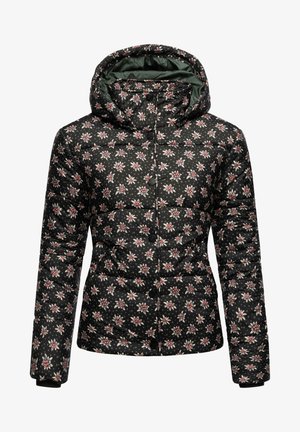 Must must mustahka jope lillemustri ja väikeste valgete ning roosade lilledega, kapuuts ja nööbist sulgur. Tekstuuriga, tikkimisdisain.