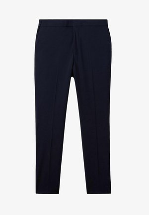 Navy trousers with a straight cut, made of woven fabric, featuring front creases and side pockets. Smooth texture, minimal detailing.