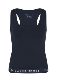 Tengerészkék atlétatrikó mélyen kivágott nyakkivágással és versenyháttal. A derékrészén kontrasztos fehér "TED BAKER SPORT" logó található.