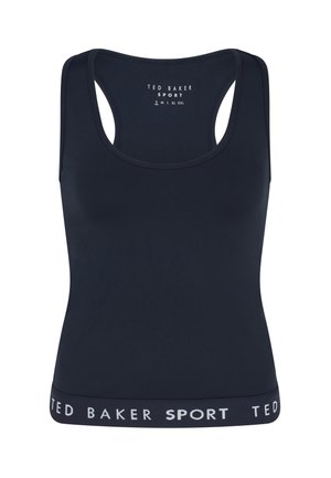 Granatowy sportowy top na szerokich ramiączkach z dekoltem w kształcie litery U i wycięciem na plecach typu racerback. Na dolnej taśmie znajduje się kontrastowe, białe logo "TED BAKER SPORT".