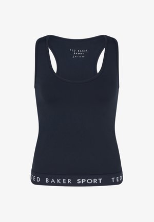 Tumesinine sportlik top kaardus dekolteega ja tagant õlgade vahel oleva lõikega. Alumisel ribal on valge "TED BAKER SPORT" logo, mis on kontrastne.