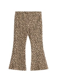 Pantalons évasés en imprimé léopard beige et noir, avec une texture lisse et des jambes larges à l'ourlet.