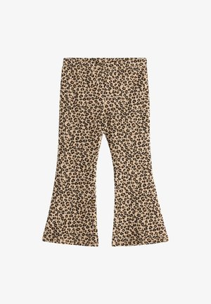 Beige en zwarte flared broeken met panterprint, met een soepele textuur en wijde beenopeningen aan de zoom.