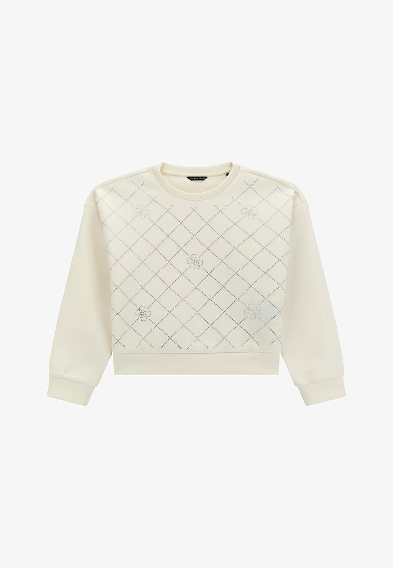 Sweat-shirt crème à manches longues avec motif matelassé en losanges et broderie florale subtile sur le devant, avec poignets et ourlet côtelés.