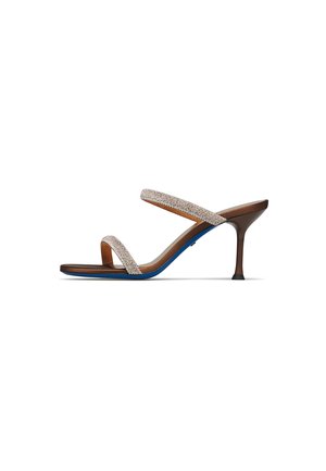 Brown high-heeled sandal with two thin, sparkly straps and a slim stiletto heel, shown from the side on a white background.