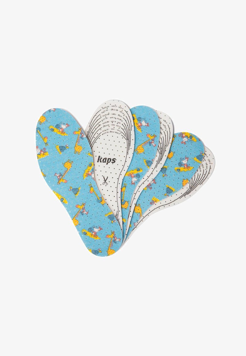 Barvite insoles z modrim zgornjim slojem, okrašenim z ilustracijami živali. Spodnja stran je bela s črnimi pikami in tiskanim informacijami o velikosti.