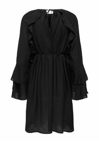 Vestido negro hecho de una tela ligera con largas mangas acampanadas, cintura ajustada y un escote en forma de llave en la parte posterior con detalle de lazo. Superficie suave y texturada.