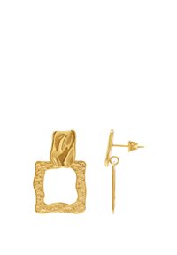 Goldene Ohrringe mit einem strukturierten, eckigen Quadratdesign und einem glatten oberen Teil. Mit einem Steckverschluss.