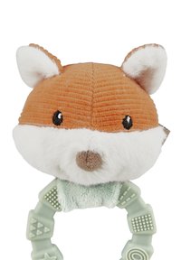 Plush fox toy with an orange and white corduroy head, soft fur accents, and a textured mint green plastic ring featuring various patterns.