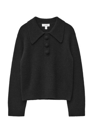 Black knitted sweater with a classic collar, featuring three round buttons at the neck, and a cropped design with long sleeves.