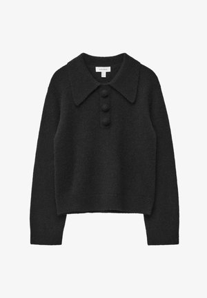 Schwarzer Strickpullover mit klassischem Kragen, der drei runde Knöpfe am Hals hat, und einem cropped Design mit langen Ärmeln.