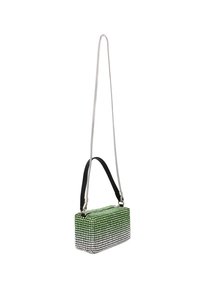 Borsa a forma di cubo verde e nera con motivo a griglia di pietre scintillanti, dotata di catena argento e tracolla in pelle nera. Chiusura con zip nella parte superiore.