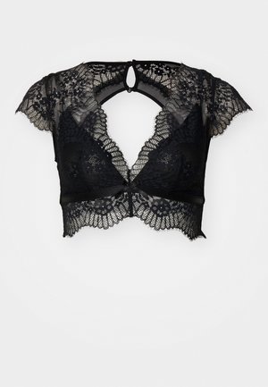 Schwarze Spitzen-Bralette mit kurzen Kappenärmeln, gewelltem Saum, V-Ausschnitt und Schlüsselloch-Detail im Rücken. Verfügt über aufwendige Blumenmuster.