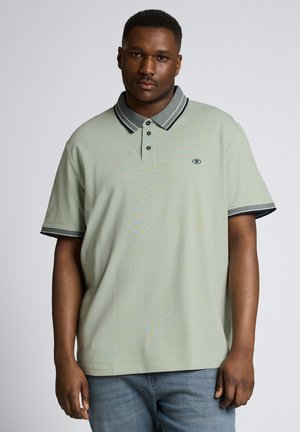 Mann trägt ein hellgrünes Polohemd mit kurzen Ärmeln, dunklem grauem Kragen und Bündchen, steht vor einem einfarbigen hellen Hintergrund.