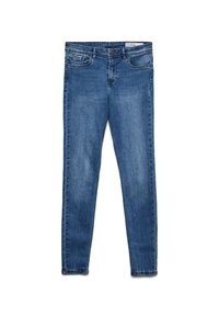 Jean en denim bleu coupe slim avec poches avant, passants pour ceinture et braguette zippée, présenté à plat sur un fond blanc.