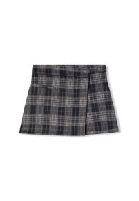 Gonna a quadri corta in blu navy, nero e beige. Presenta una vita aderente, pince e piccole tasche laterali. Tessuto testurizzato con una forma strutturata.