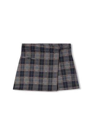 Krótka spódnica w kratę w kolorze granatowym, czarnym i beżowym. Posiada dopasowany pas, plisowania i małe boczne kieszenie. Teksturowana tkanina o sztywnym kształcie.