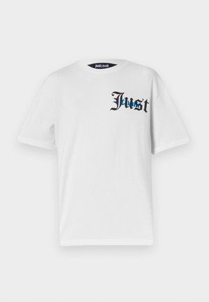 White short-sleeve t-shirt made of cotton, featuring a black and blue stylized "Just" logo on the front. Classic crew neck design.