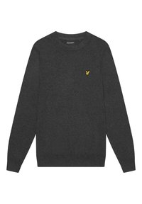 Dunkelgrauer Pullover aus weichem Stoff mit rundem Halsausschnitt und langen Ärmeln. Gelb besticktes Logo auf der linken Brust.