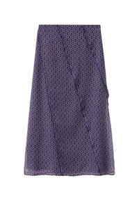 Navy skirt with a repeating circular pattern in red and white. Lightweight fabric with a flowy design and a slightly uneven hem.