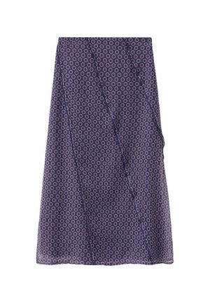 Marinblå kjol med ett upprepat cirkelmönster i rött och vitt. Lätt tyg med en luftig design och en något ojämn fåll.