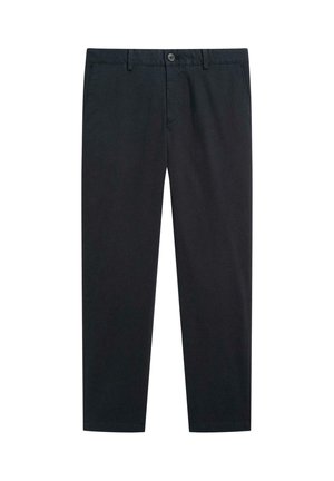 Black cotton chinos with a straight-leg design, featuring a front button closure, belt loops, and side pockets. Smooth texture, no patterns.