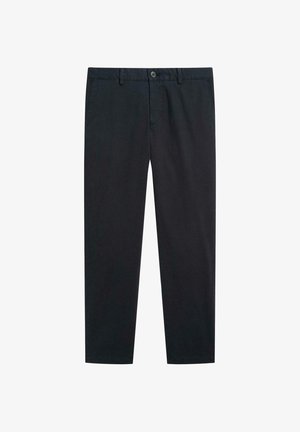 Chino in cotone nero con design a gamba dritta, dotato di chiusura frontale con bottone, passanti per cintura e tasche laterali. Texture liscia, senza motivi.