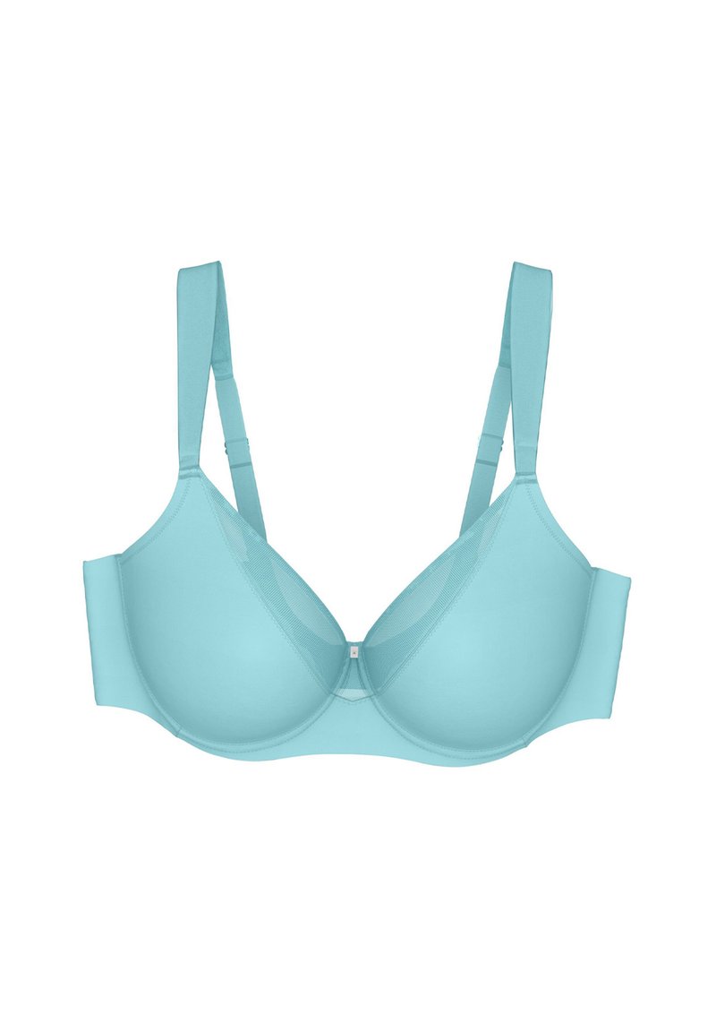 Light blue bra made of smooth fabric with structured cups, adjustable straps, and a seamless design. Features a central mesh panel.