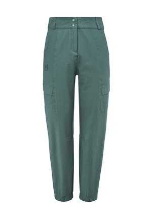 Pantalon cargo vert taille haute avec poches latérales, double fermeture à bouton, passants pour ceinture, et poignets élastiques aux chevilles.