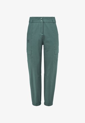 Pantalon cargo vert taille haute avec poches latérales, double fermeture à bouton, passants pour ceinture, et poignets élastiques aux chevilles.