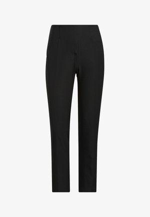 Pantalones negros de ajuste entallado, con una textura suave, dos bolsillos laterales y un diseño de pierna recta. Sin cierres visibles.