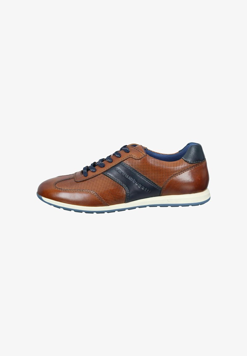 Brown leather sneaker with navy accents. Perforated upper, white sole, and navy laces. Features a smooth texture with a contrasting design.