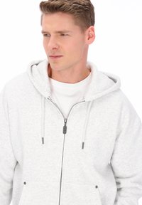 Ljusgrå zip-up hoodie med dragsko på huvan, som har en slät textur och en liten logotyp på bröstet. Dragkedja med dekorativt drag.