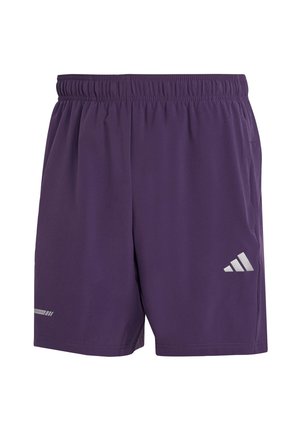 Purple athletic shorts with an elastic waistband, featuring a silver Adidas logo and a smooth, breathable fabric. No pockets visible.