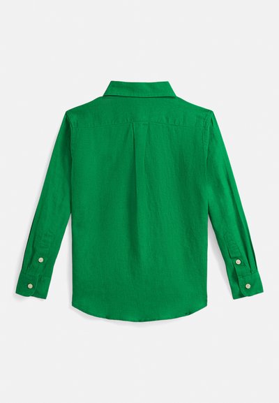 Πράσινο πουκάμισο με μακριά μανίκια από υφασμάτινη ύλη με υφή, που διαθέτει γιακά, μανσέτες με κουμπιά και καμπυλωτό τελείωμα με λεπτομέρεια κεντρικής ραφής στην πλάτη.