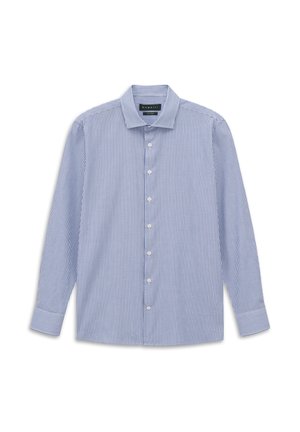 Herrenhemd mit langen Ärmeln, blauen und weißen vertikalen Streifen und klassischem Kragen, vorne mit Knöpfen.