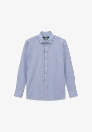 Herrenhemd mit langen Ärmeln, blauen und weißen vertikalen Streifen und klassischem Kragen, vorne mit Knöpfen.