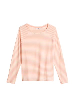 Long-sleeve shirt with light pink and white horizontal stripes, round neckline, and raglan sleeves.