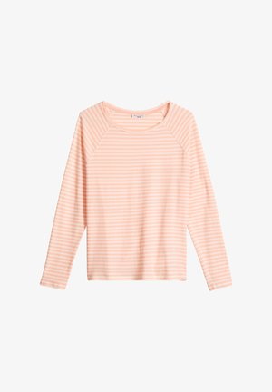 Koszula z długim rękawem w jasnoróżowe i białe poziome paski, okrągły dekolt i raglanowe rękawy.