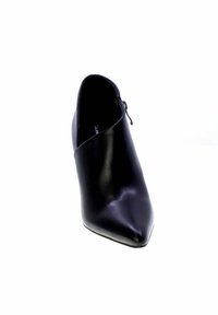 Stivale alto con punta affusolata di colore nero, realizzato in pelle liscia, con chiusura con zip laterale. Presenta un design elegante e pochi accenti.