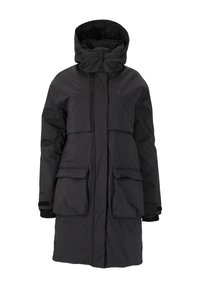 Svart lång parka med hög krage, dragkedjefront, två stora framfickor och elastiska ärmar. Tillverkad av ett vattentåligt material.