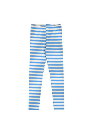 Blau-weiß gestreifte Leggings mit elastischem Bund, flach auf weißem Hintergrund dargestellt.